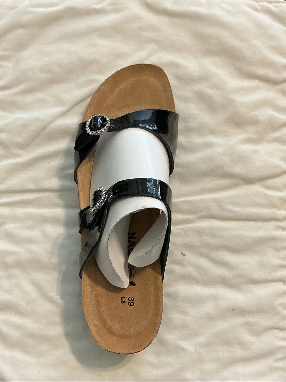 Naot Black Patent Slide Sandal with Rhinestone Rings